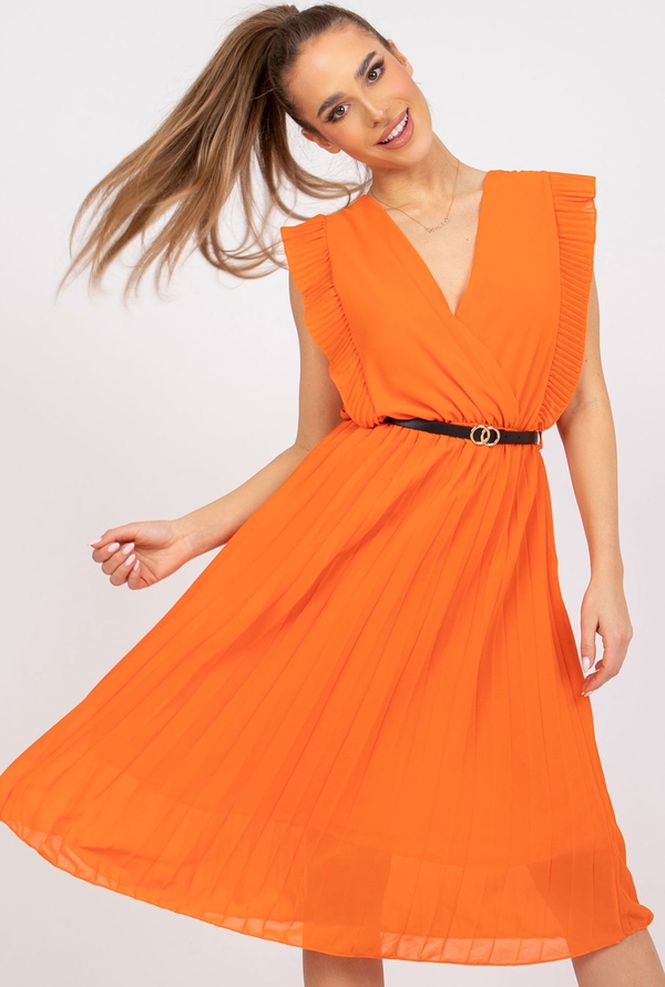 Pomarańczowa sukienka ITALY MODA z dekoltem w kształcie litery v mini z długim rękawem