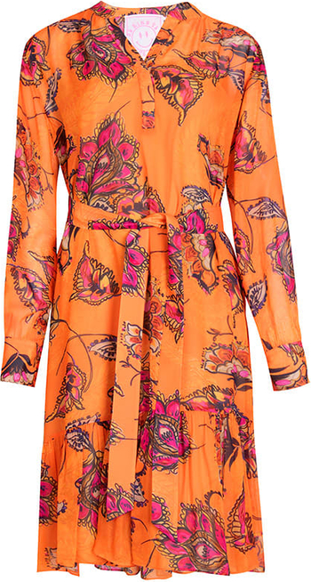Pomarańczowa sukienka Lieblingsstück z długim rękawem z dekoltem w kształcie litery v w stylu casual