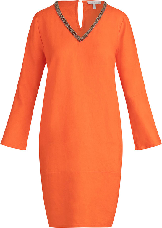 Pomarańczowa sukienka Mint & Mia w stylu casual z dekoltem w kształcie litery v z długim rękawem