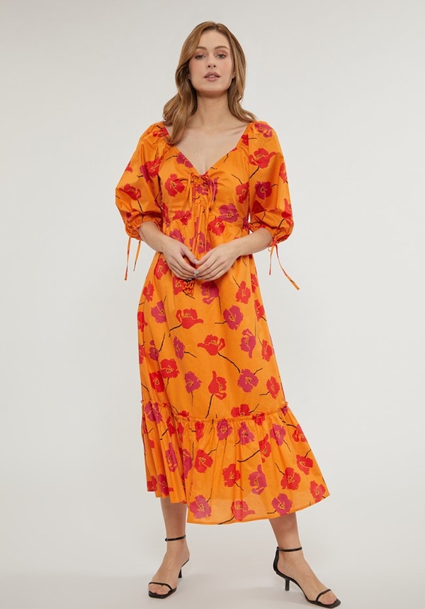 Pomarańczowa sukienka Monnari z długim rękawem w stylu casual z dekoltem w kształcie litery v