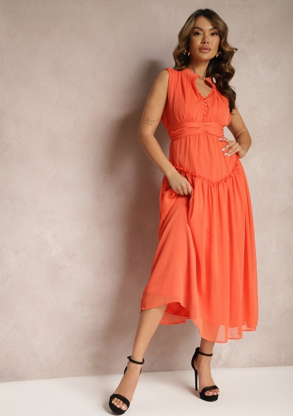 Pomarańczowa sukienka Renee rozkloszowana z dekoltem w kształcie litery v maxi