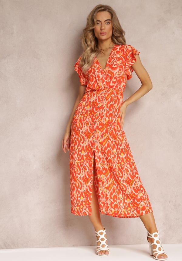 Pomarańczowa sukienka Renee w stylu casual z dekoltem w kształcie litery v z krótkim rękawem