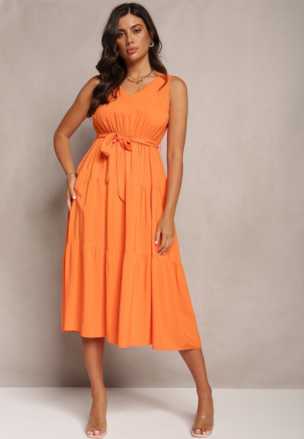 Pomarańczowa sukienka Renee z dekoltem w kształcie litery v z tkaniny midi