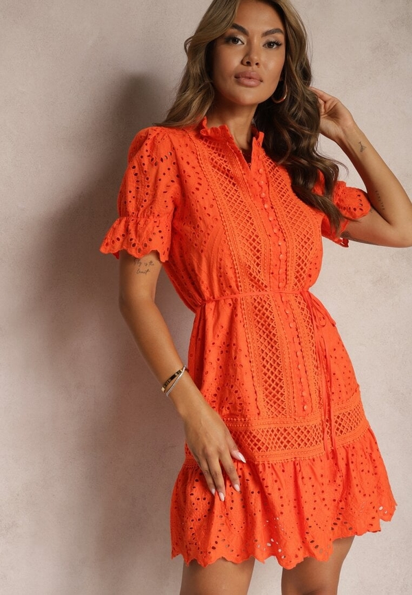 Pomarańczowa sukienka Renee z okrągłym dekoltem w stylu boho z krótkim rękawem