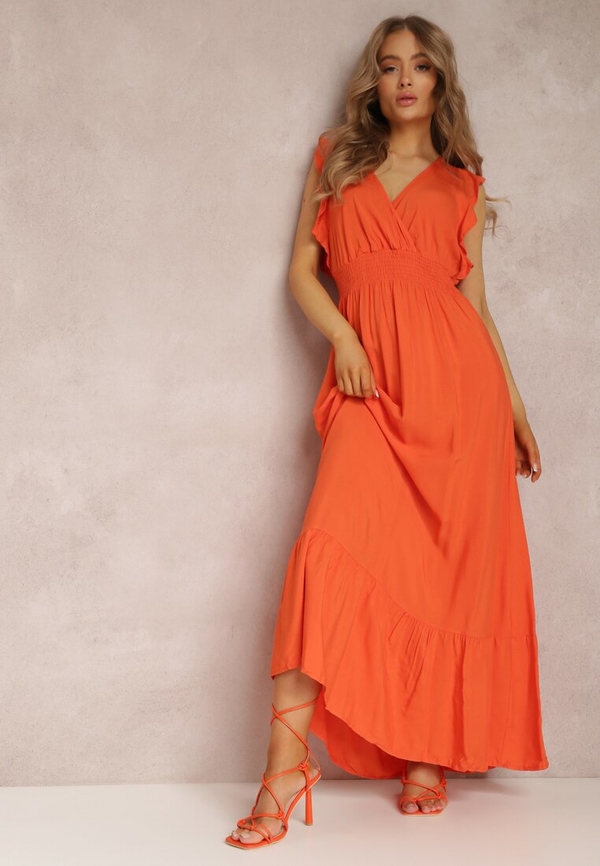 Pomarańczowa sukienka Renee z tkaniny maxi z dekoltem w kształcie litery v