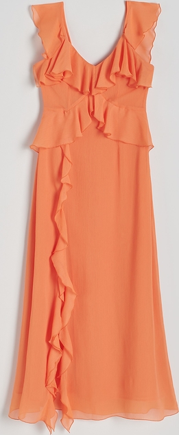 Pomarańczowa sukienka Reserved z dekoltem w kształcie litery v midi z tkaniny