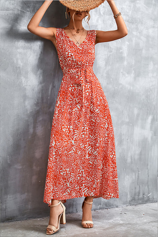 Pomarańczowa sukienka Sweet Summer z dekoltem w kształcie litery v trapezowa maxi