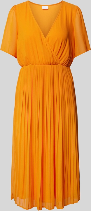 Pomarańczowa sukienka Vila midi z dekoltem w kształcie litery v z krótkim rękawem
