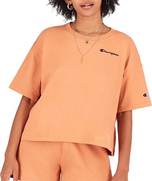 Pomarańczowy t-shirt Champion w sportowym stylu z bawełny z krótkim rękawem
