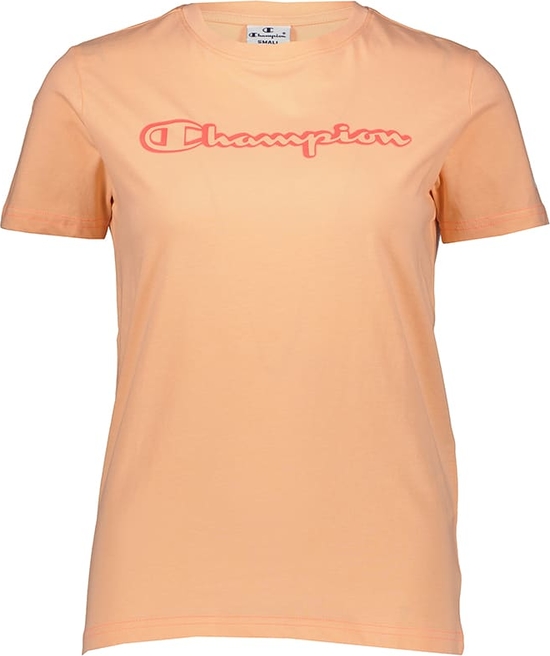 Pomarańczowy t-shirt Champion w sportowym stylu z bawełny z okrągłym dekoltem