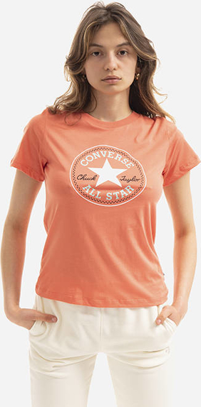 Pomarańczowy t-shirt Converse z krótkim rękawem z okrągłym dekoltem w młodzieżowym stylu