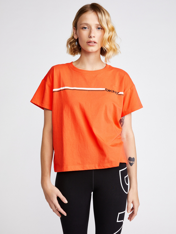 Pomarańczowy t-shirt DKNY z okrągłym dekoltem z krótkim rękawem