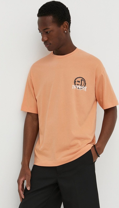 Pomarańczowy t-shirt Drykorn z nadrukiem w stylu casual z bawełny