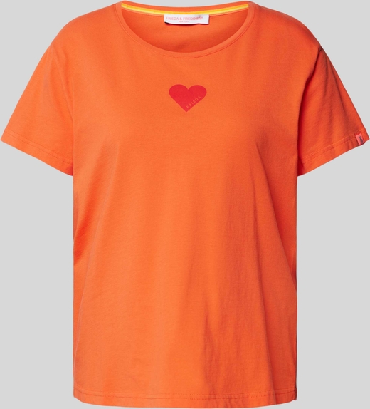 Pomarańczowy t-shirt Frieda & Freddies z bawełny z okrągłym dekoltem