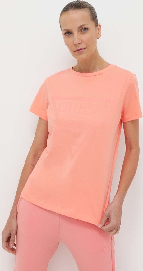 Pomarańczowy t-shirt Guess w stylu casual z okrągłym dekoltem z krótkim rękawem