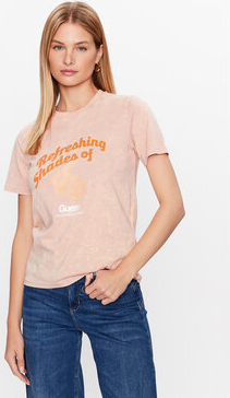 Pomarańczowy t-shirt Guess z krótkim rękawem w młodzieżowym stylu z okrągłym dekoltem
