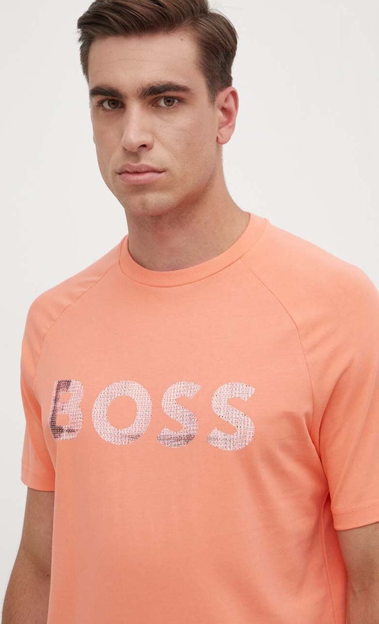 Pomarańczowy t-shirt Hugo Boss z krótkim rękawem z nadrukiem w młodzieżowym stylu