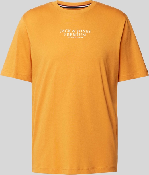 Pomarańczowy t-shirt Jack & Jones w młodzieżowym stylu z nadrukiem z krótkim rękawem
