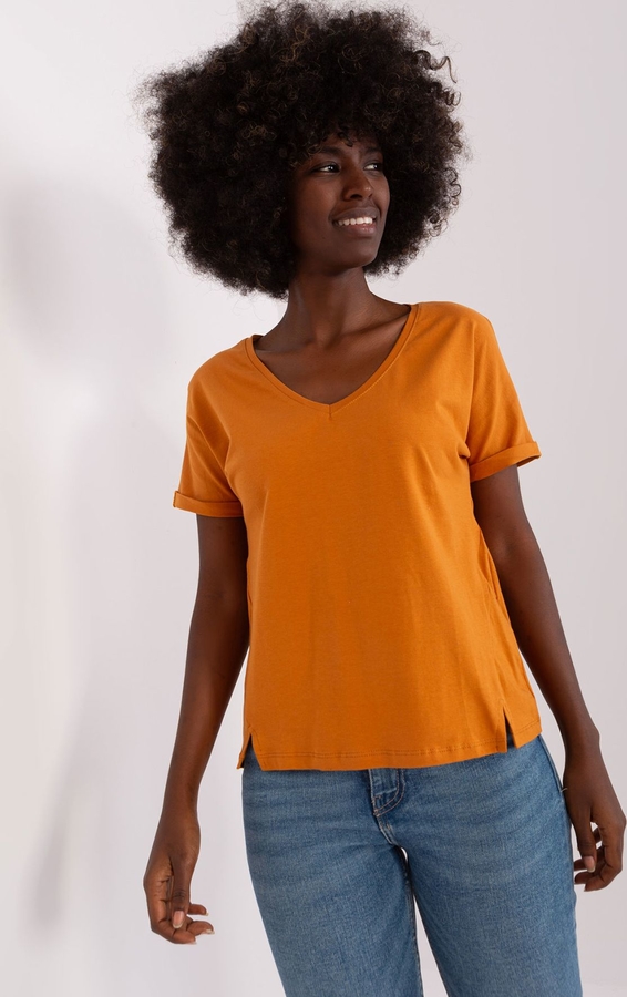 Pomarańczowy t-shirt Lily Rose z krótkim rękawem w stylu casual z okrągłym dekoltem