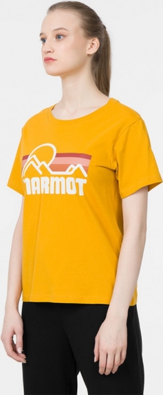 Pomarańczowy t-shirt Marmot w sportowym stylu z okrągłym dekoltem z krótkim rękawem