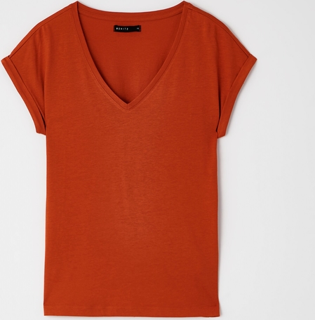 Pomarańczowy t-shirt Mohito w stylu casual z dekoltem w kształcie litery v