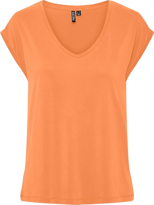 Pomarańczowy t-shirt Pieces w stylu casual z krótkim rękawem z dekoltem w kształcie litery v