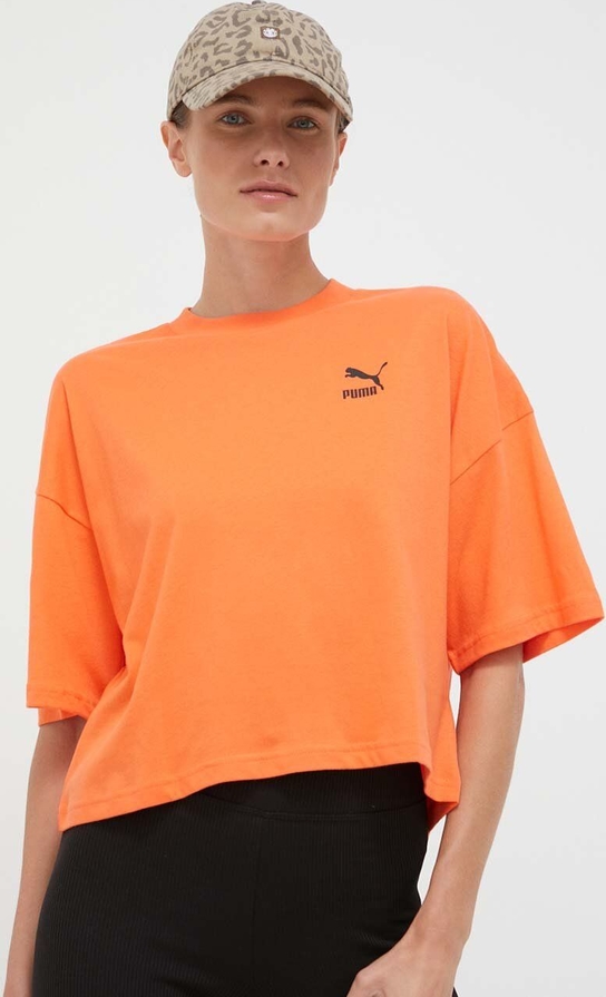 Pomarańczowy t-shirt Puma z okrągłym dekoltem z bawełny z krótkim rękawem
