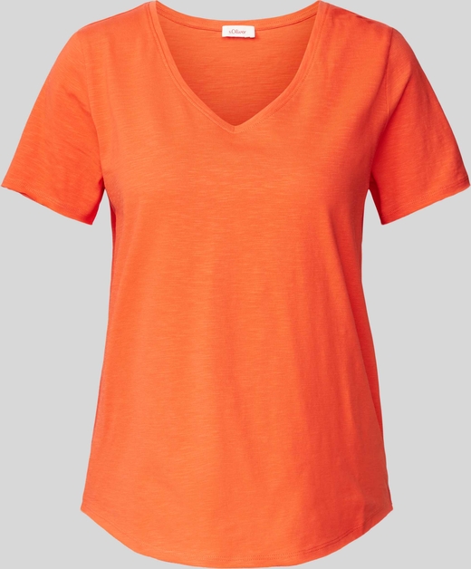 Pomarańczowy t-shirt S.Oliver z dekoltem w kształcie litery v z krótkim rękawem z bawełny
