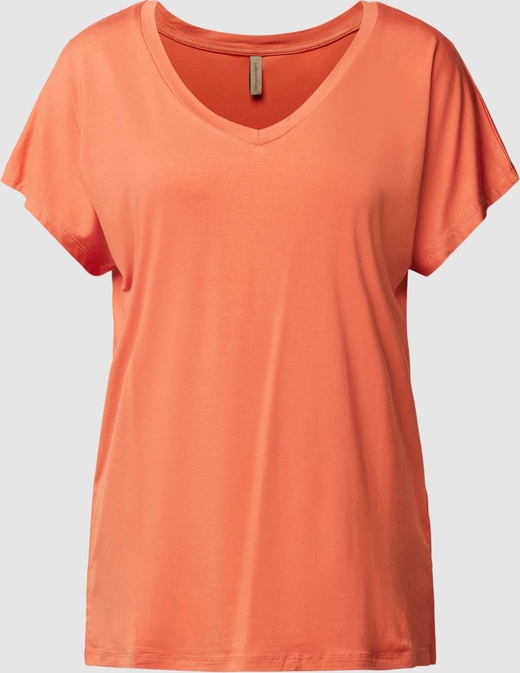 Pomarańczowy t-shirt Soyaconcept z okrągłym dekoltem w stylu casual z krótkim rękawem