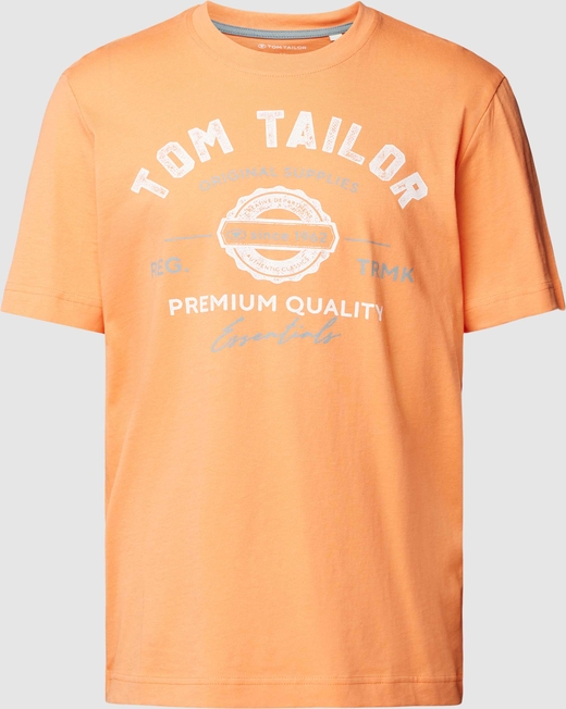 Pomarańczowy t-shirt Tom Tailor z nadrukiem w młodzieżowym stylu