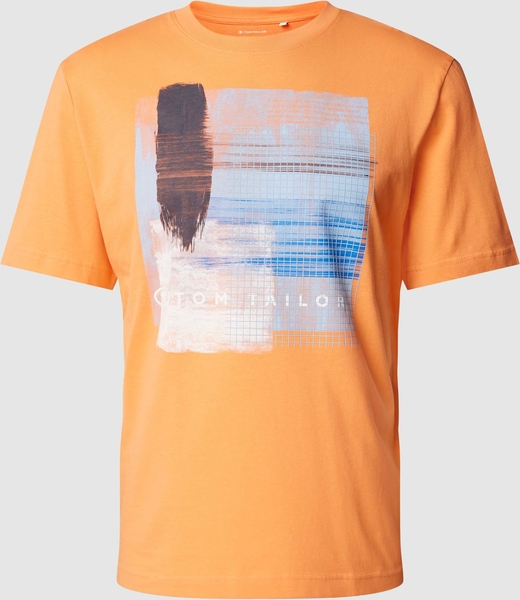Pomarańczowy t-shirt Tom Tailor z nadrukiem z krótkim rękawem z bawełny