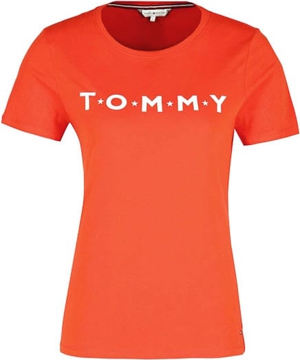 Pomarańczowy t-shirt Tommy Hilfiger z krótkim rękawem w młodzieżowym stylu z okrągłym dekoltem