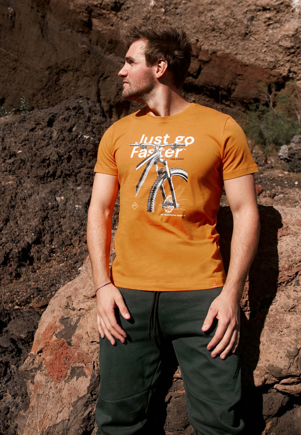 Pomarańczowy t-shirt Volcano z krótkim rękawem w młodzieżowym stylu z bawełny