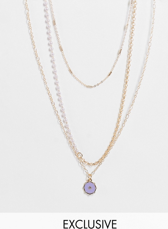 Reclaimed Vintage Inspired – Cosmis – Złoty wielowarstwowy naszyjnik ze sztucznymi perłami