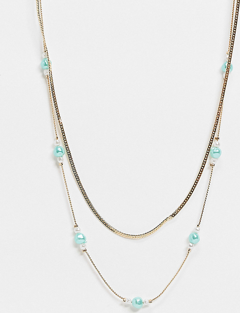 Reclaimed Vintage Inspired – Złoty naszyjnik ze sztucznymi perłami w kolorze miętowym