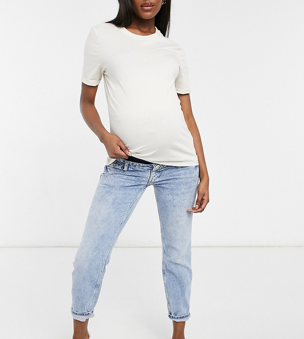 River Island Maternity – Niebieskie mom jeans z elastycznym pasem na brzuch