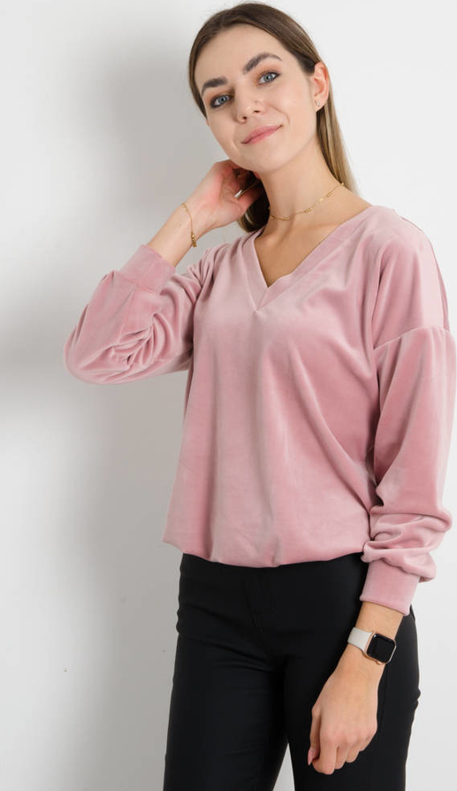 Różowa bluza Olika krótka w stylu casual z weluru