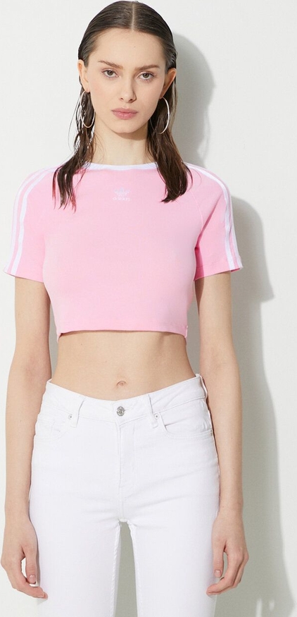Różowa bluzka Adidas Originals w sportowym stylu z krótkim rękawem z okrągłym dekoltem