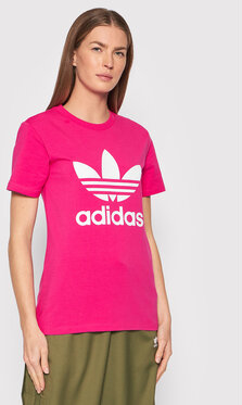Różowa bluzka Adidas z okrągłym dekoltem z krótkim rękawem