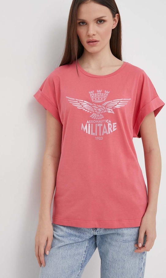 Różowa bluzka Aeronautica Militare z bawełny w militarnym stylu z okrągłym dekoltem