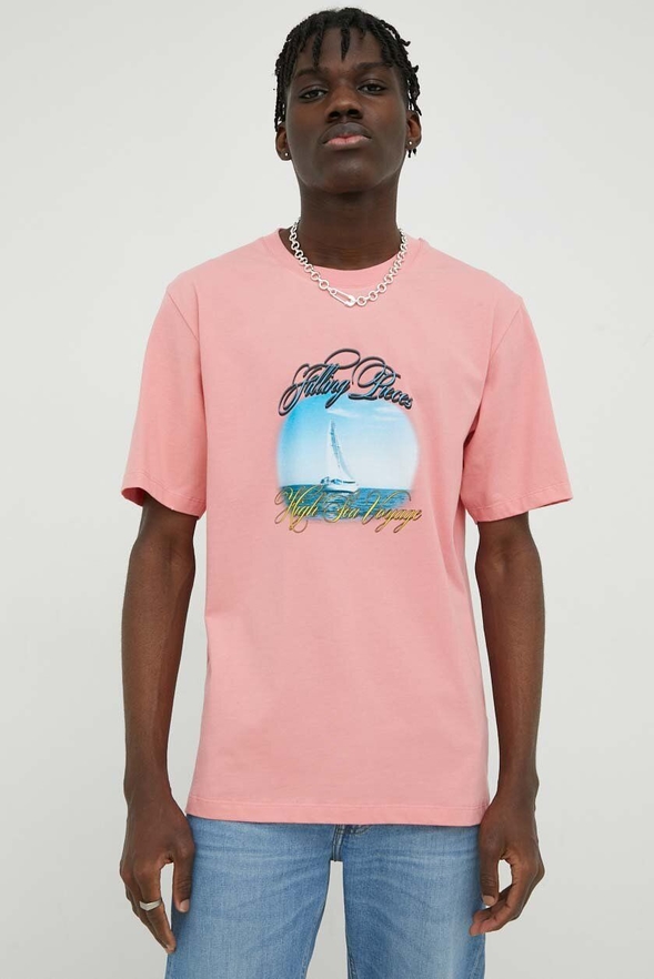 Różowa bluzka answear.com z krótkim rękawem z okrągłym dekoltem z bawełny