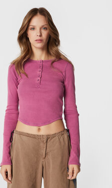 Różowa bluzka Bdg Urban Outfitters z długim rękawem w stylu casual z okrągłym dekoltem