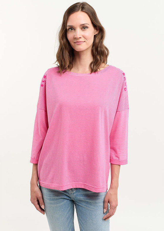 Różowa bluzka Elbsand w stylu casual z okrągłym dekoltem