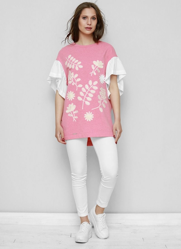 Różowa bluzka Freeshion z okrągłym dekoltem z tkaniny