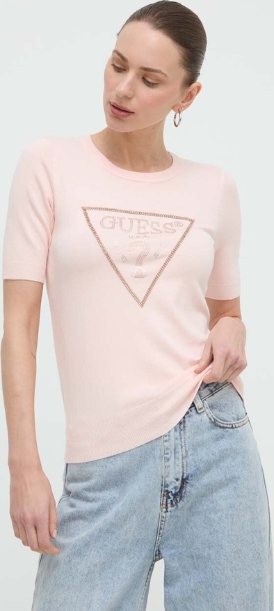 Różowa bluzka Guess w stylu casual z krótkim rękawem