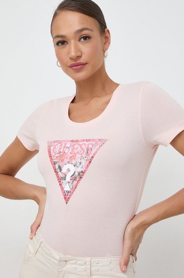 Różowa bluzka Guess z krótkim rękawem w młodzieżowym stylu z okrągłym dekoltem