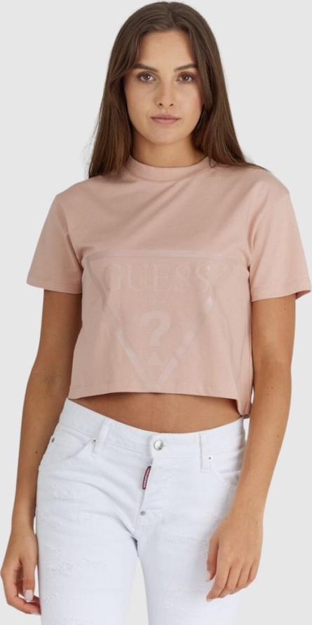 Różowa bluzka Guess z krótkim rękawem z okrągłym dekoltem