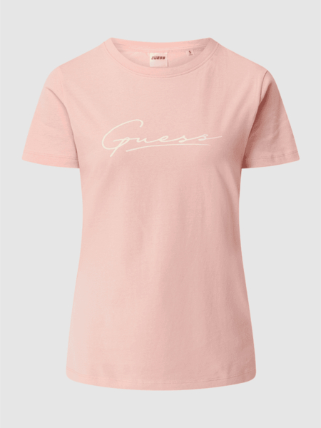 Różowa bluzka Guess z okrągłym dekoltem z krótkim rękawem