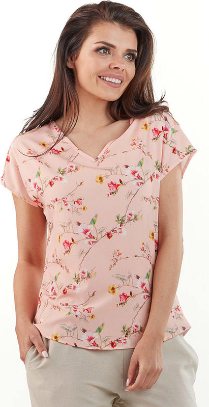 Różowa bluzka Infinite You w stylu casual z dekoltem w kształcie litery v z krótkim rękawem