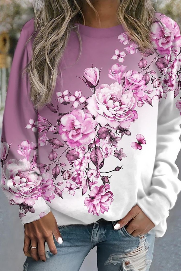 Różowa bluzka IVET z długim rękawem z okrągłym dekoltem